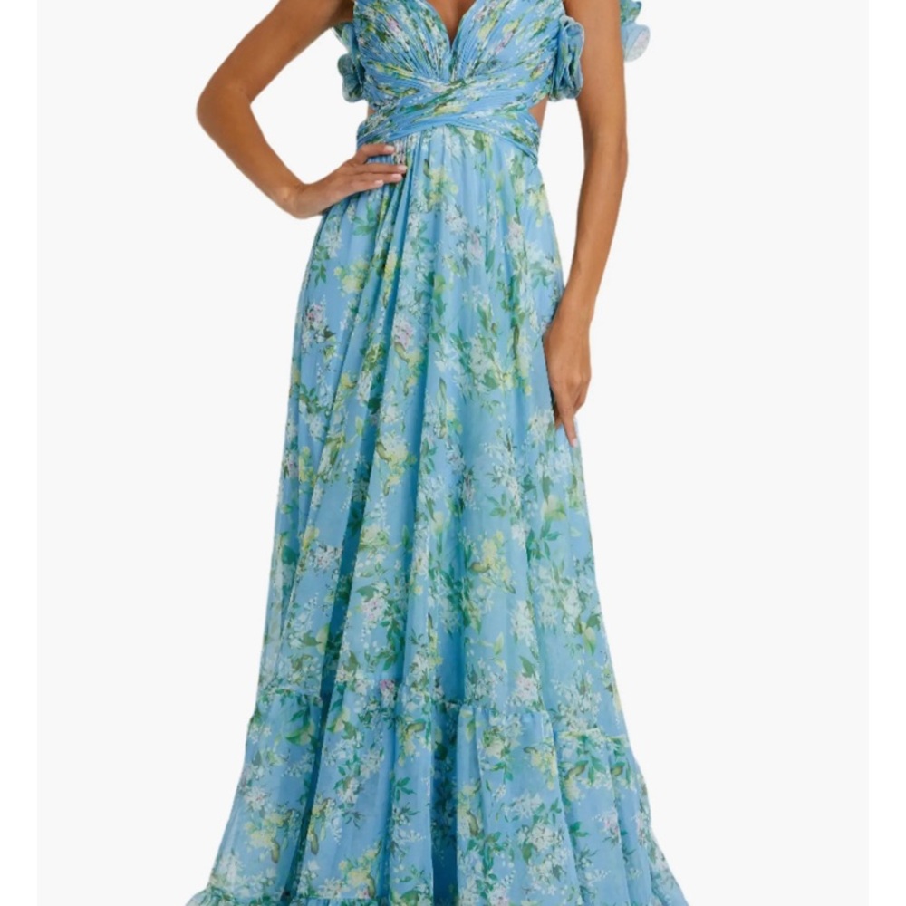 Mac Duggal Mac Blue Floral Multi Ruffle Tiered Floral Cut-Out Chiffon Gown